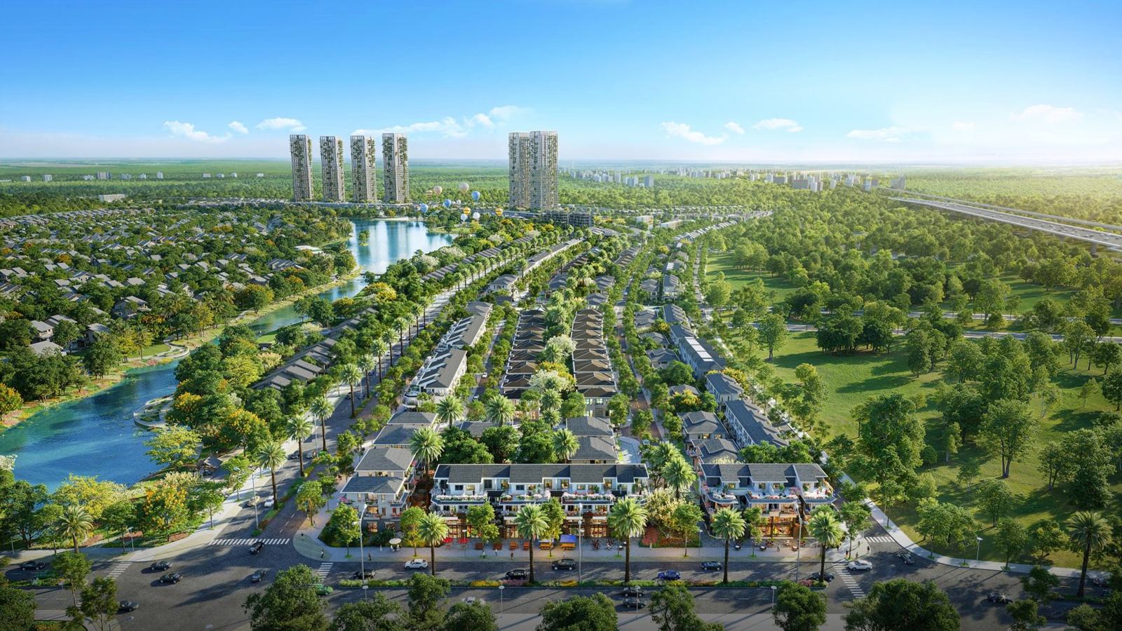 Phối cảnh Rừng Mai: dãy nhà phố thương mại và biệt thự dọc kênh, hồ và đại lộ