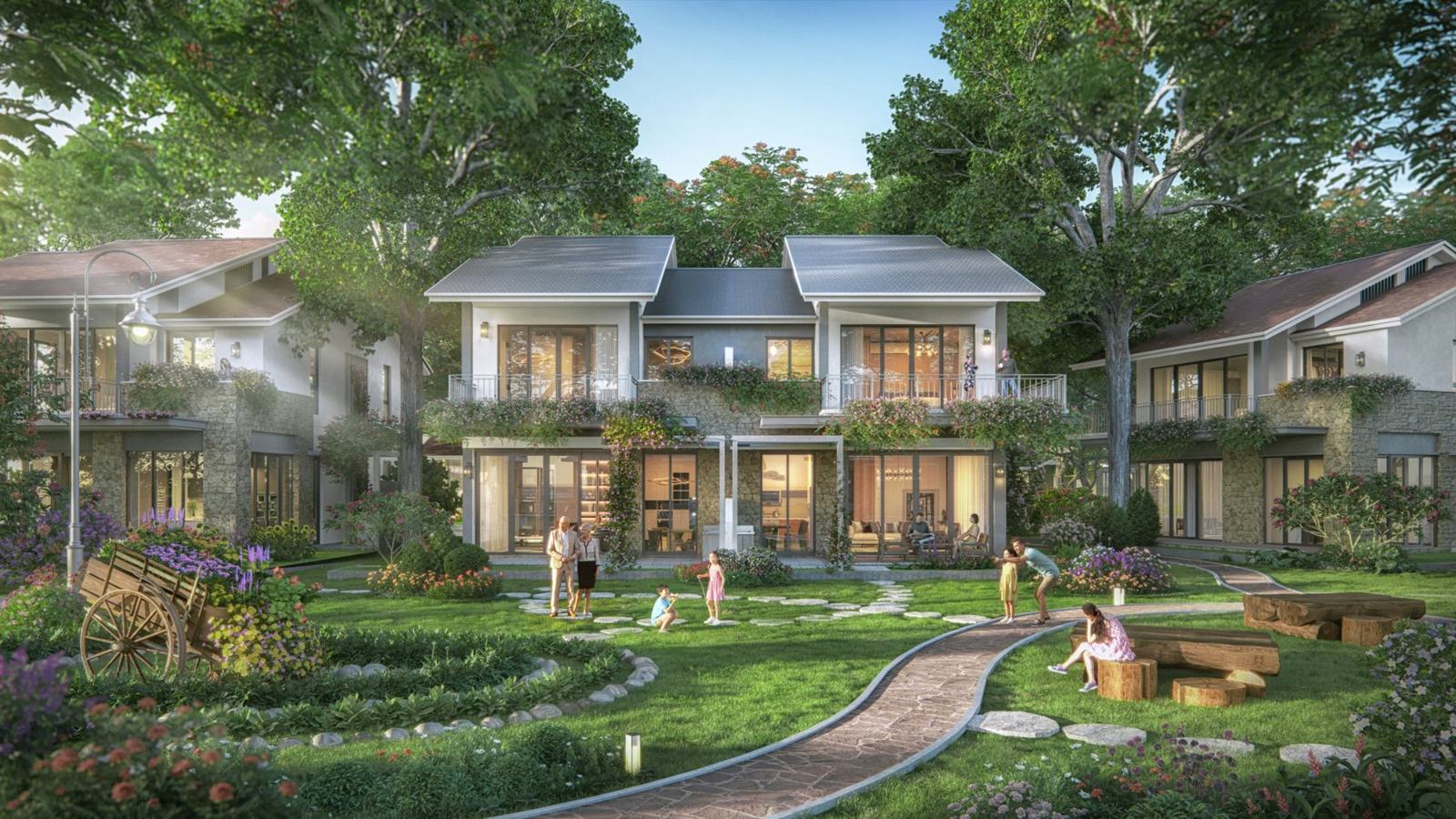 Villa rừng song lập Retreat Forest với vườn cỏ và lối đá
