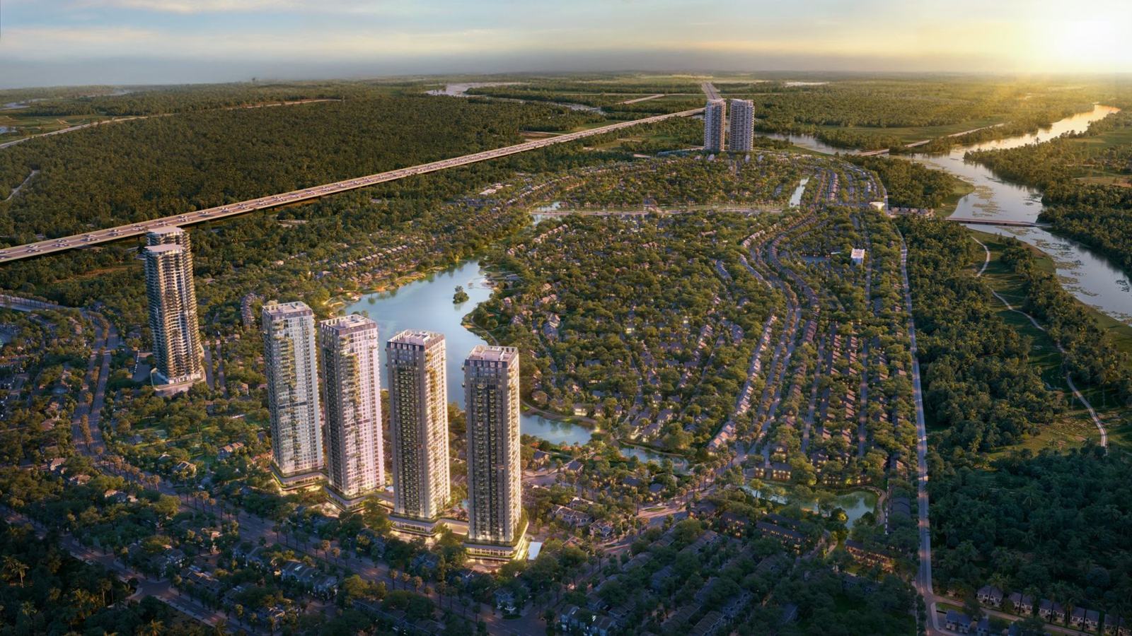 Phối cảnh tổng thể Eco Retreat lúc hoàng hôn: các tòa tháp bên hồ, nhà thấp tầng giữa rừng cây, sông Vàm Cỏ