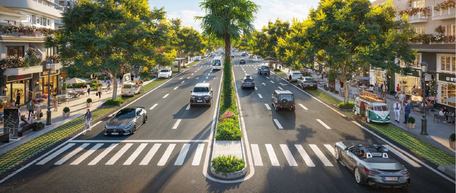 Đại lộ phân khu Mùa Lễ Hội với hàng cây và cửa hàng hai bên