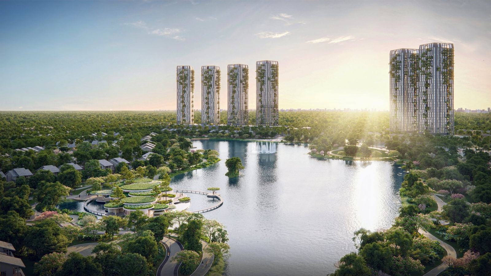 Hồ Thiên Nga với các tòa tháp phủ cây xanh lúc bình minh